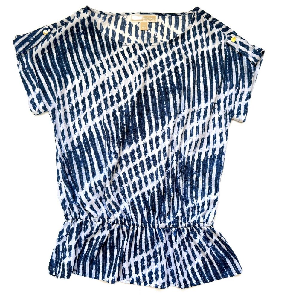 Michael Kors Women's Tie Die Print Elastic Cinched Waist Top Blue & White Size S